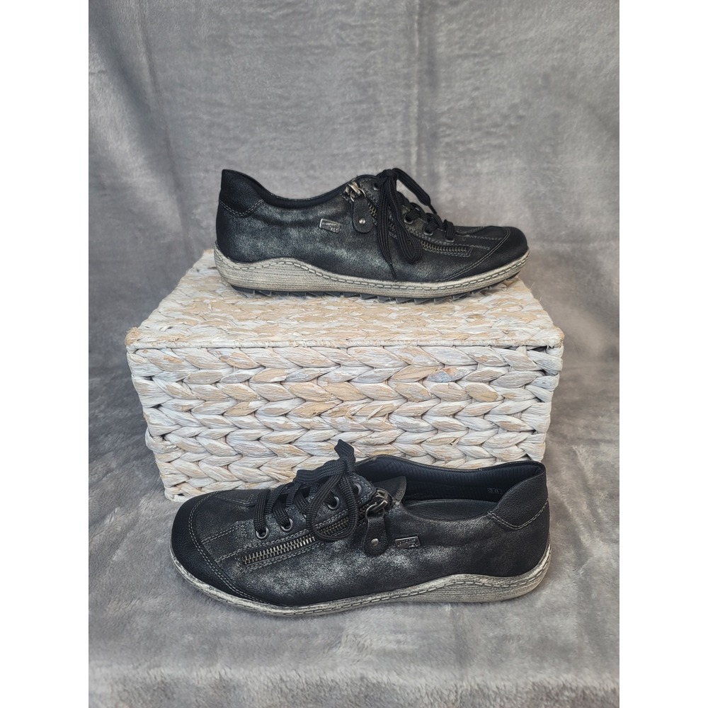 Remont Black Metallic Leather Side Zip Sneakers 7.5 38 Euro Artsy Edgy Street